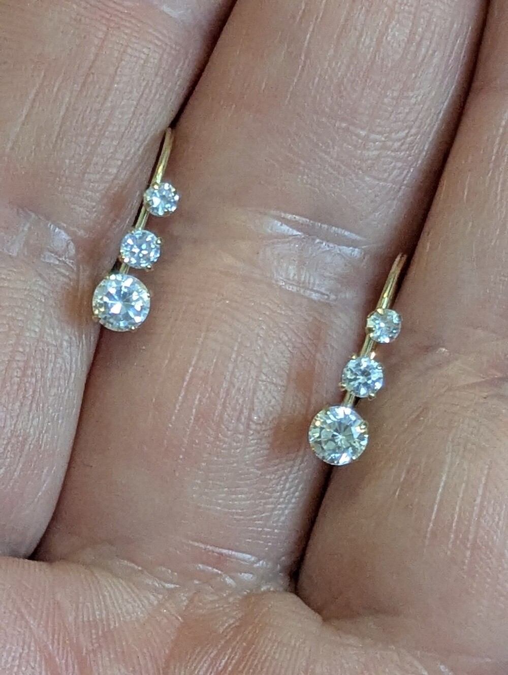 14k Yellow Gold 3 CZ Stone Diamond Simulant Drop Huggie Earrings